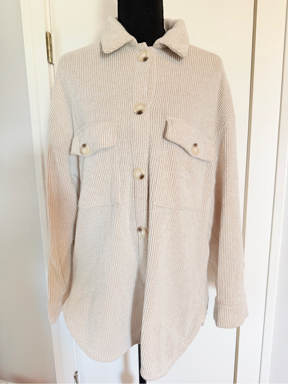 Beige Button-Front Ribbed Knit Sweater Jacket